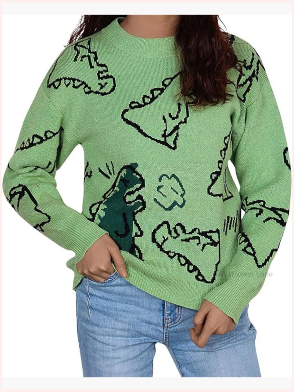 Crewneck Long Sleeve Cropped Pullover Sweater - Dinosaur Print